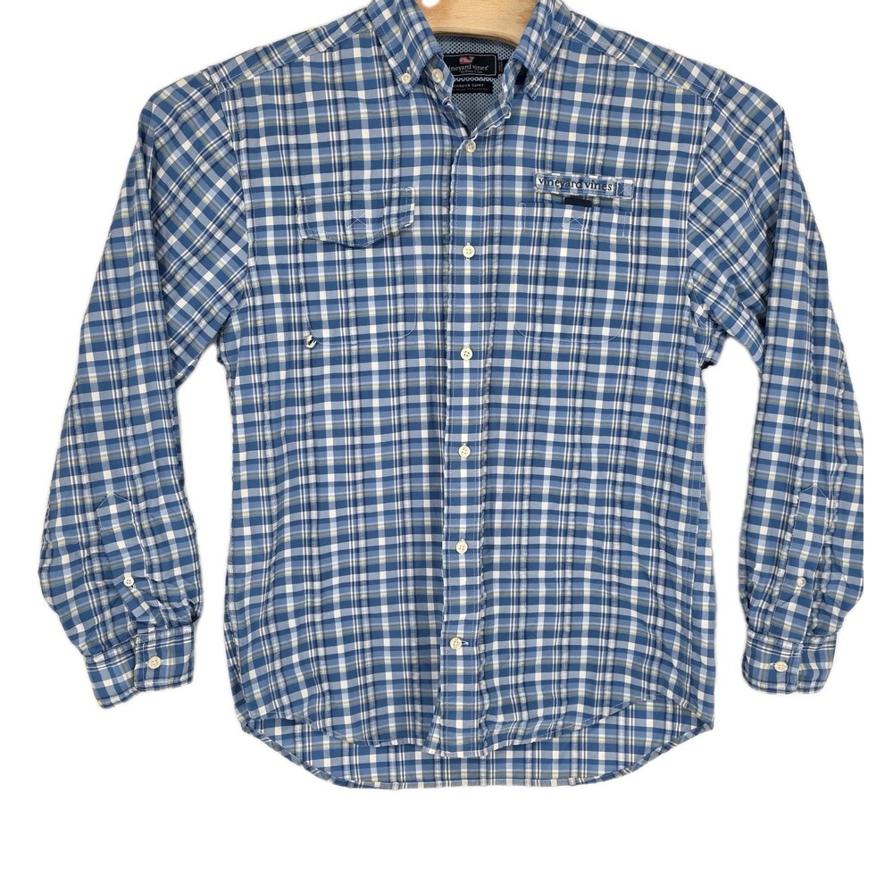 Vineyard Vines Performance Shirt Mens Small Blue Gingham Check Harbor Mesh - Picture 2 of 8